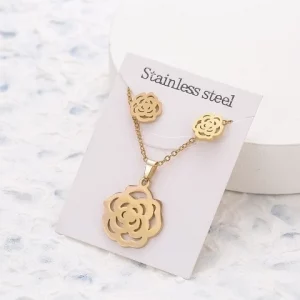 Stainless Steel Peony Stud Earrings Necklace Set