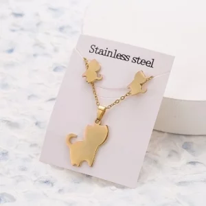 Stainless Steel Kitten Earrings Necklace Set