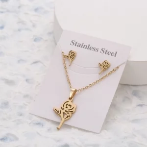 Stainless Steel Rose Stud Earrings Necklace set