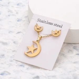Stainless Steel  Stud Star Moon Earrings Necklace set
