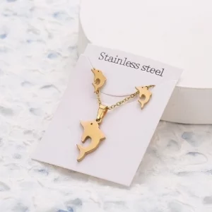 Stainless Steel  Stud Dolphin Earrings Necklace Set