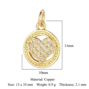 Heart Shape Copper Plating Inlay Zircon 18k Gold Plated Charms